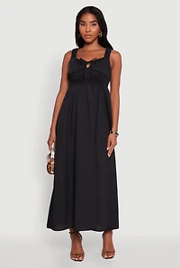 Womens Poplin Sleeveless Scoop Neck Tie Front Maxi Dress, Black,
