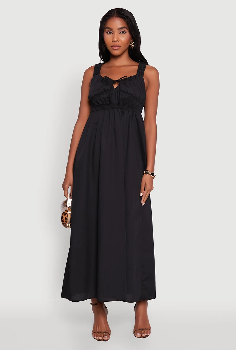 Poplin Sleeveless Scoop Neck Tie Front Maxi Dress