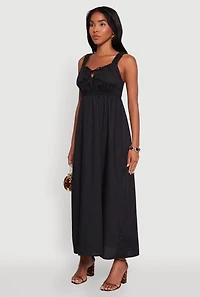 Womens Poplin Sleeveless Scoop Neck Tie Front Maxi Dress, Black,