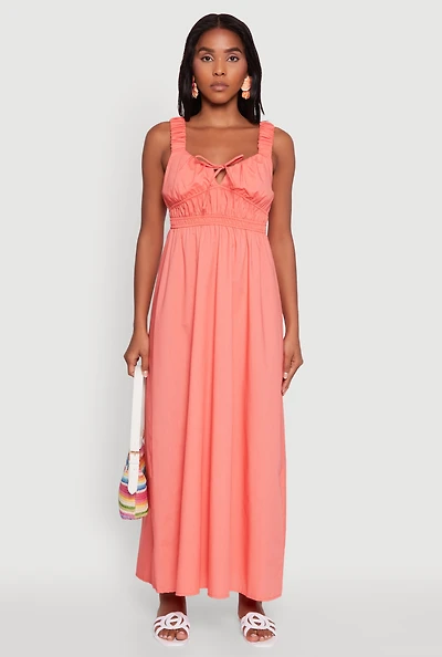Womens Poplin Sleeveless Scoop Neck Tie Front Maxi Dress, Pink,