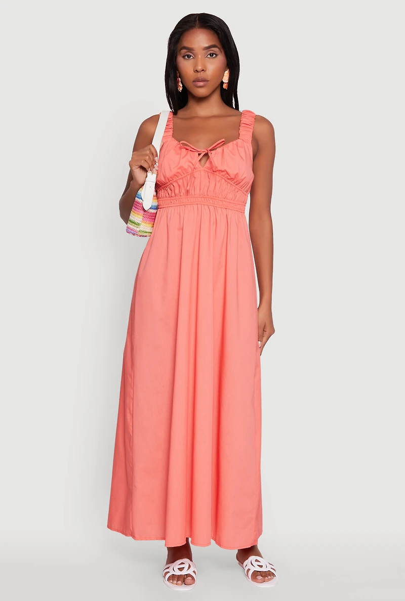 Womens Poplin Sleeveless Scoop Neck Tie Front Maxi Dress, Pink,