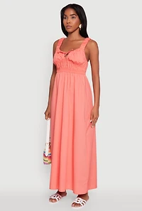 Womens Poplin Sleeveless Scoop Neck Tie Front Maxi Dress, Pink,