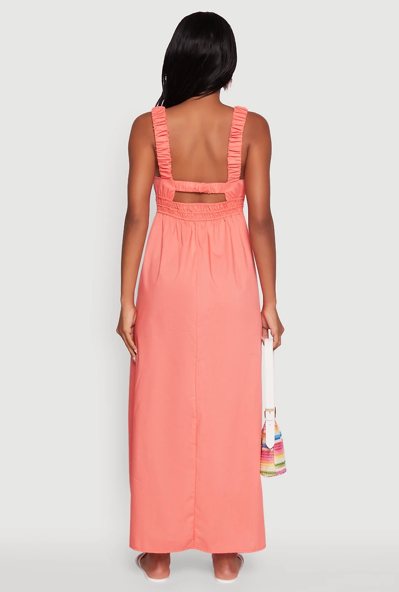 Womens Poplin Sleeveless Scoop Neck Tie Front Maxi Dress, Pink,