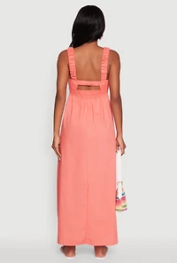 Womens Poplin Sleeveless Scoop Neck Tie Front Maxi Dress, Pink,