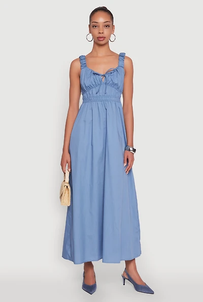 Womens Poplin Sleeveless Scoop Neck Tie Front Maxi Dress,