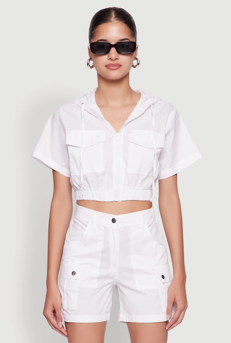 Womens Cropped Zip Front Hooded Blouse, White, Size M
