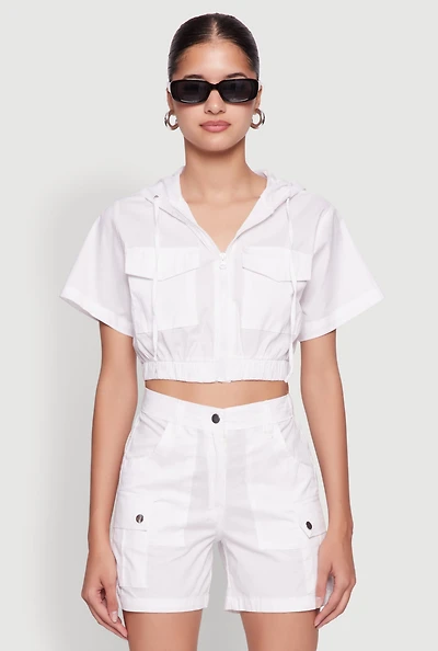 Womens Cropped Zip Front Hooded Blouse, White, Size M