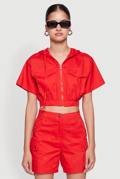 Womens Cropped Zip Front Hooded Top, Red, Size M