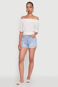 Womens Off The Shoulder Smocked Cropped Peasant Top, White, Size L