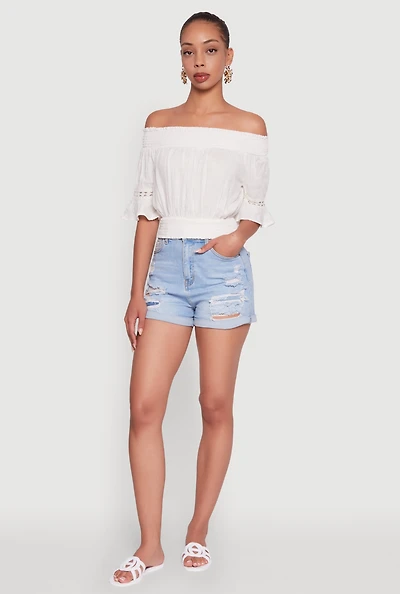 Womens Off The Shoulder Smocked Cropped Peasant Top, White, Size S