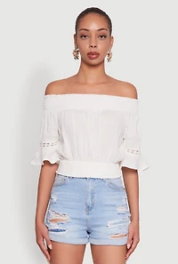 Womens Off The Shoulder Smocked Cropped Peasant Top, White, Size L
