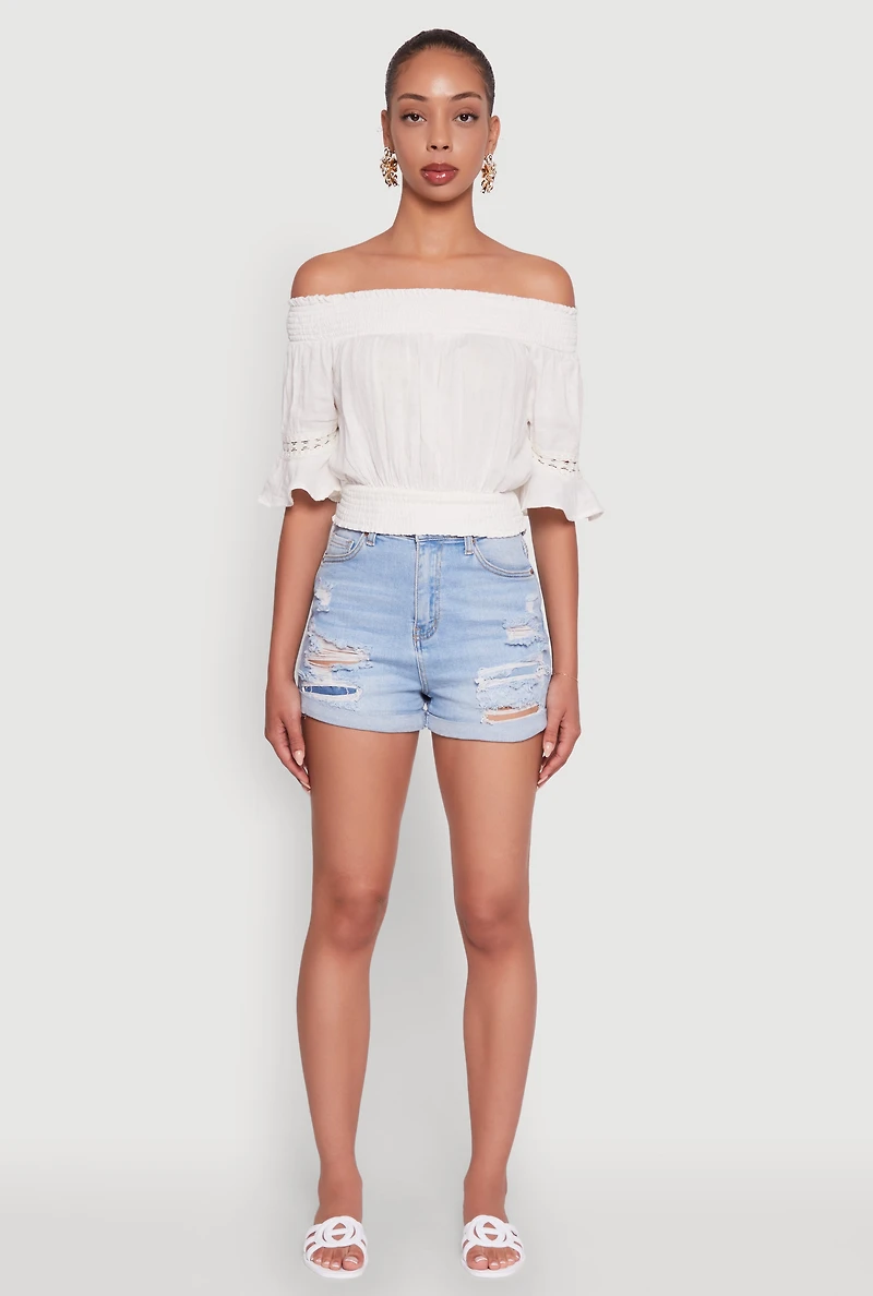 Womens Off The Shoulder Smocked Cropped Peasant Top, White, Size L