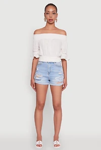 Womens Off The Shoulder Smocked Cropped Peasant Top, White, Size L