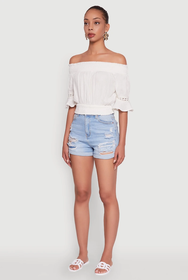 Womens Off The Shoulder Smocked Cropped Peasant Top, White, Size L