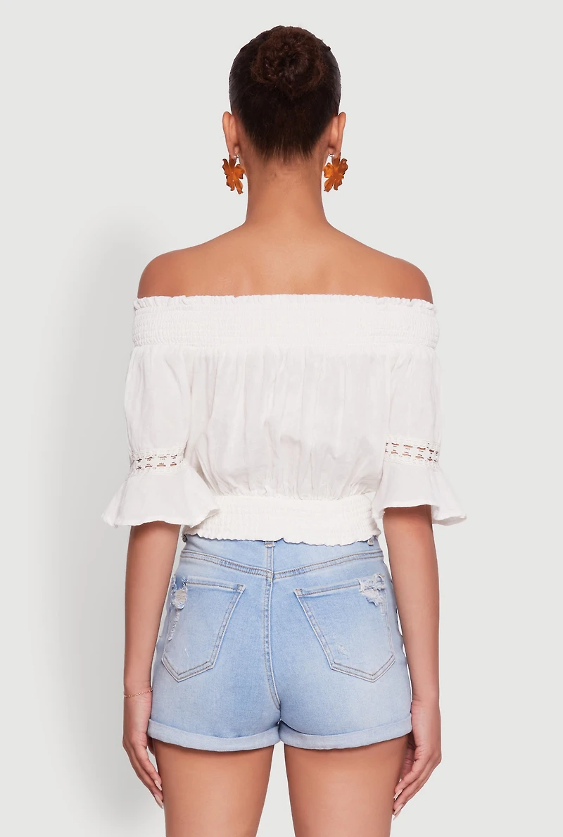 Womens Off The Shoulder Smocked Cropped Peasant Top, White, Size L