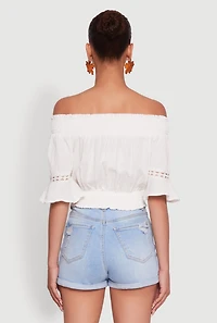 Womens Off The Shoulder Smocked Cropped Peasant Top, White, Size L