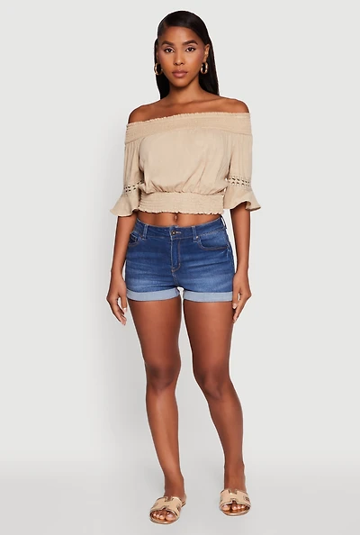 Womens Off The Shoulder Smocked Cropped Peasant Top,