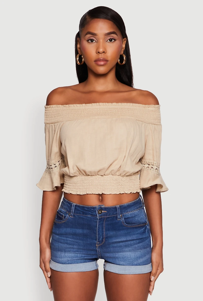 Womens Off The Shoulder Smocked Cropped Peasant Top,