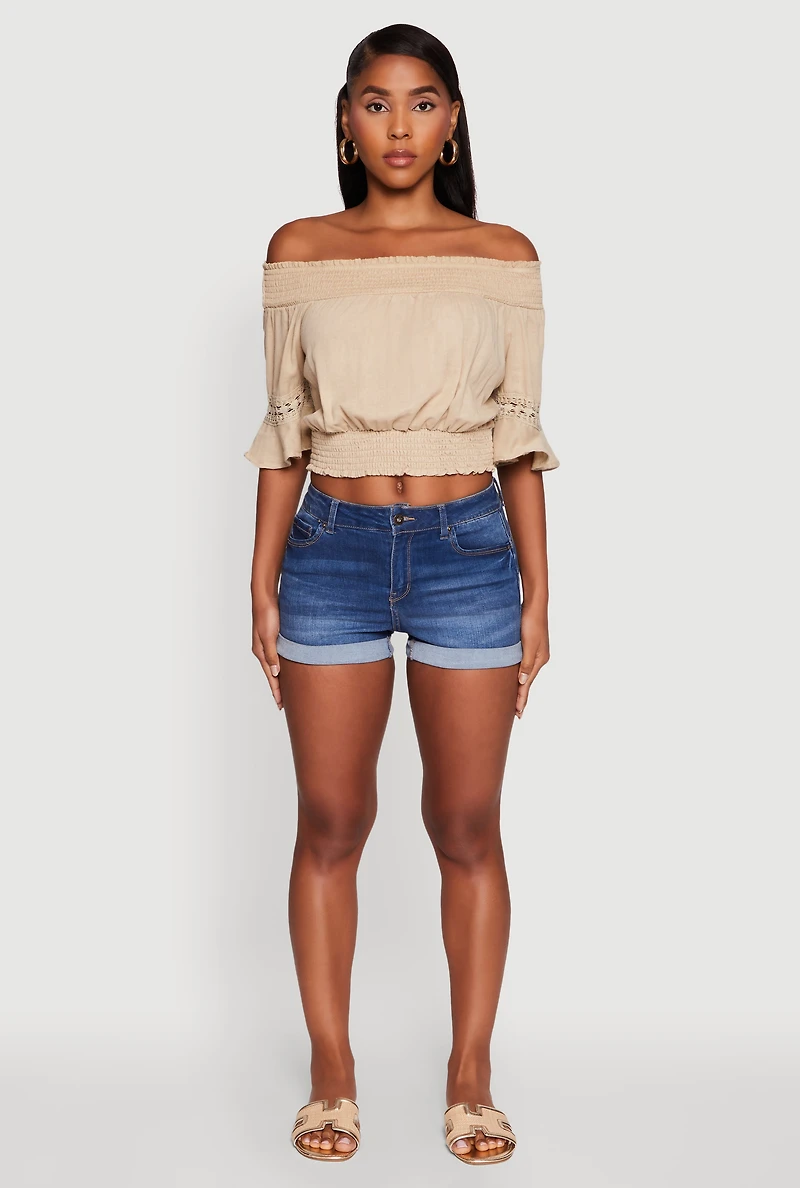 Womens Off The Shoulder Smocked Cropped Peasant Top,
