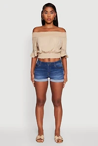 Womens Off The Shoulder Smocked Cropped Peasant Top,