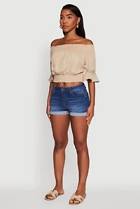Womens Off The Shoulder Smocked Cropped Peasant Top,
