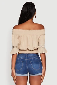 Womens Off The Shoulder Smocked Cropped Peasant Top,