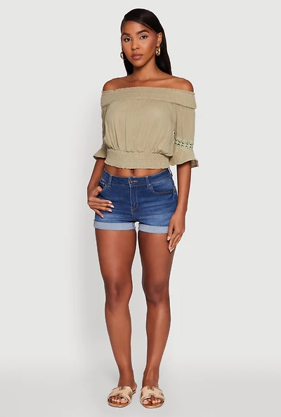 Womens Off The Shoulder Smocked Cropped Peasant Top,