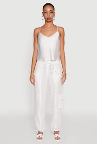 Womens Zip Pocket Drawstring Waist Utility Joggers, White, Size XL