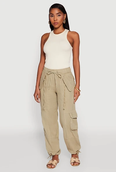 Womens Zip Pocket Drawstring Waist Utility Joggers, Green, Size XL