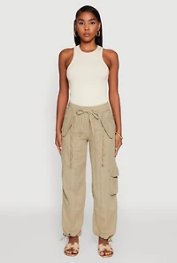 Womens Zip Pocket Drawstring Waist Utility Joggers, Green, Size XL