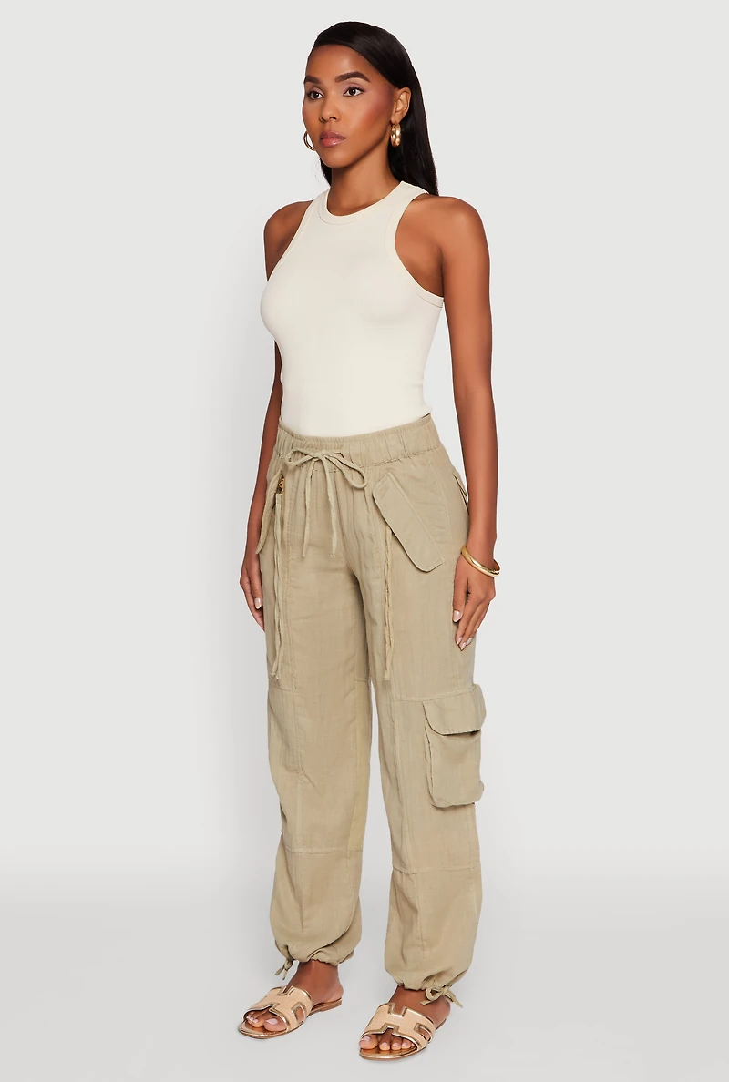 Womens Zip Pocket Drawstring Waist Utility Joggers, Green, Size XL