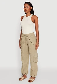 Womens Zip Pocket Drawstring Waist Utility Joggers, Green, Size XL