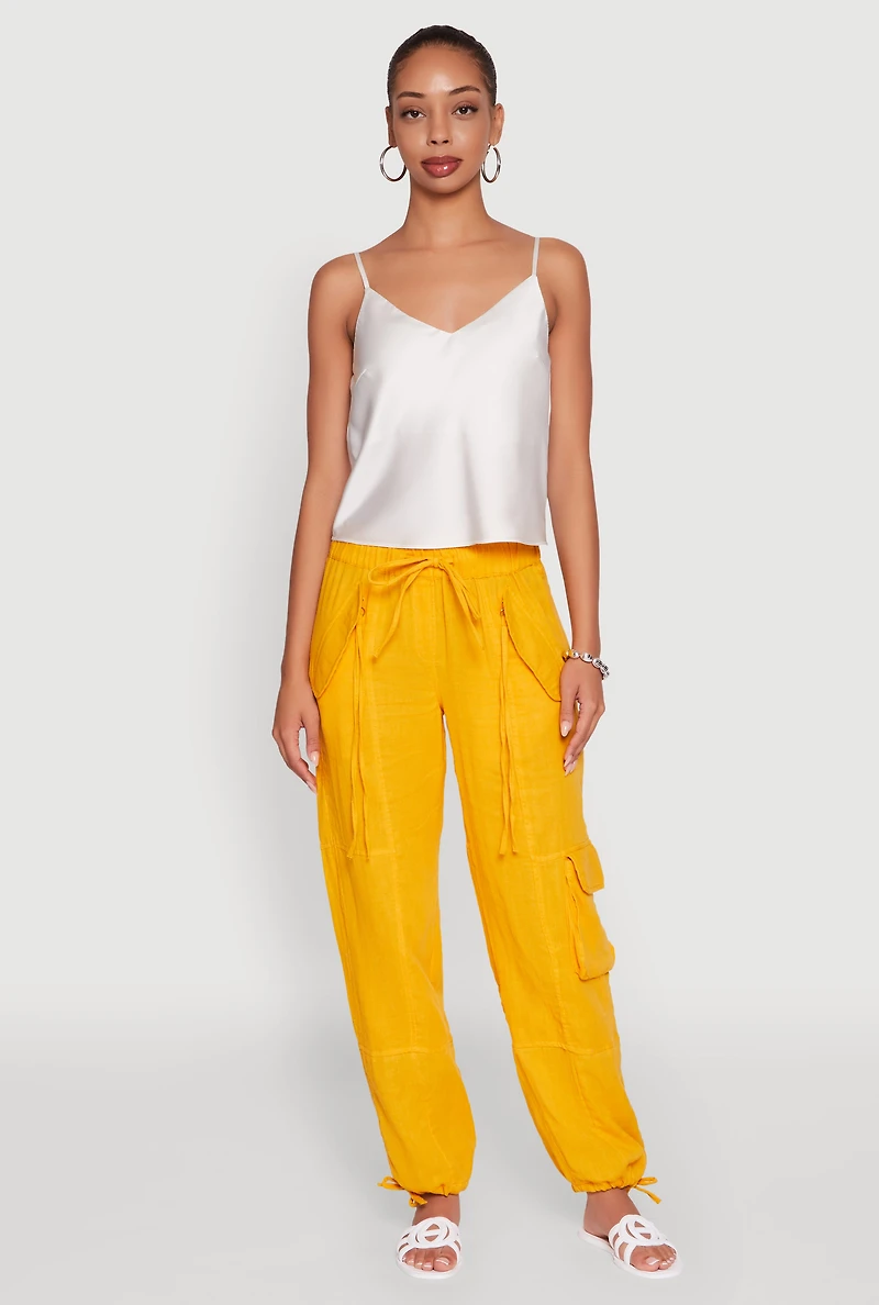 Womens Zip Pocket Drawstring Waist Utility Joggers, Yellow, Size S