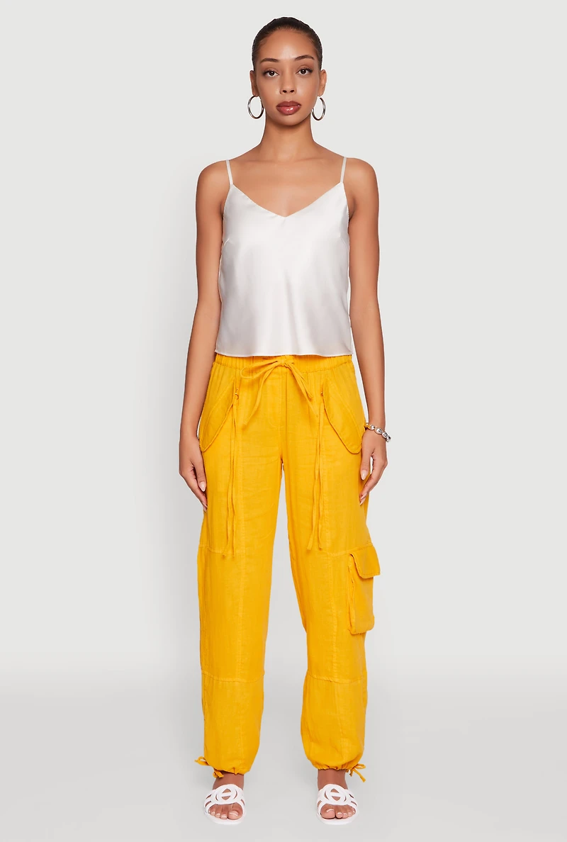 Womens Zip Pocket Drawstring Waist Utility Joggers, Yellow, Size S