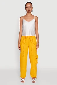 Womens Zip Pocket Drawstring Waist Utility Joggers, Yellow, Size S