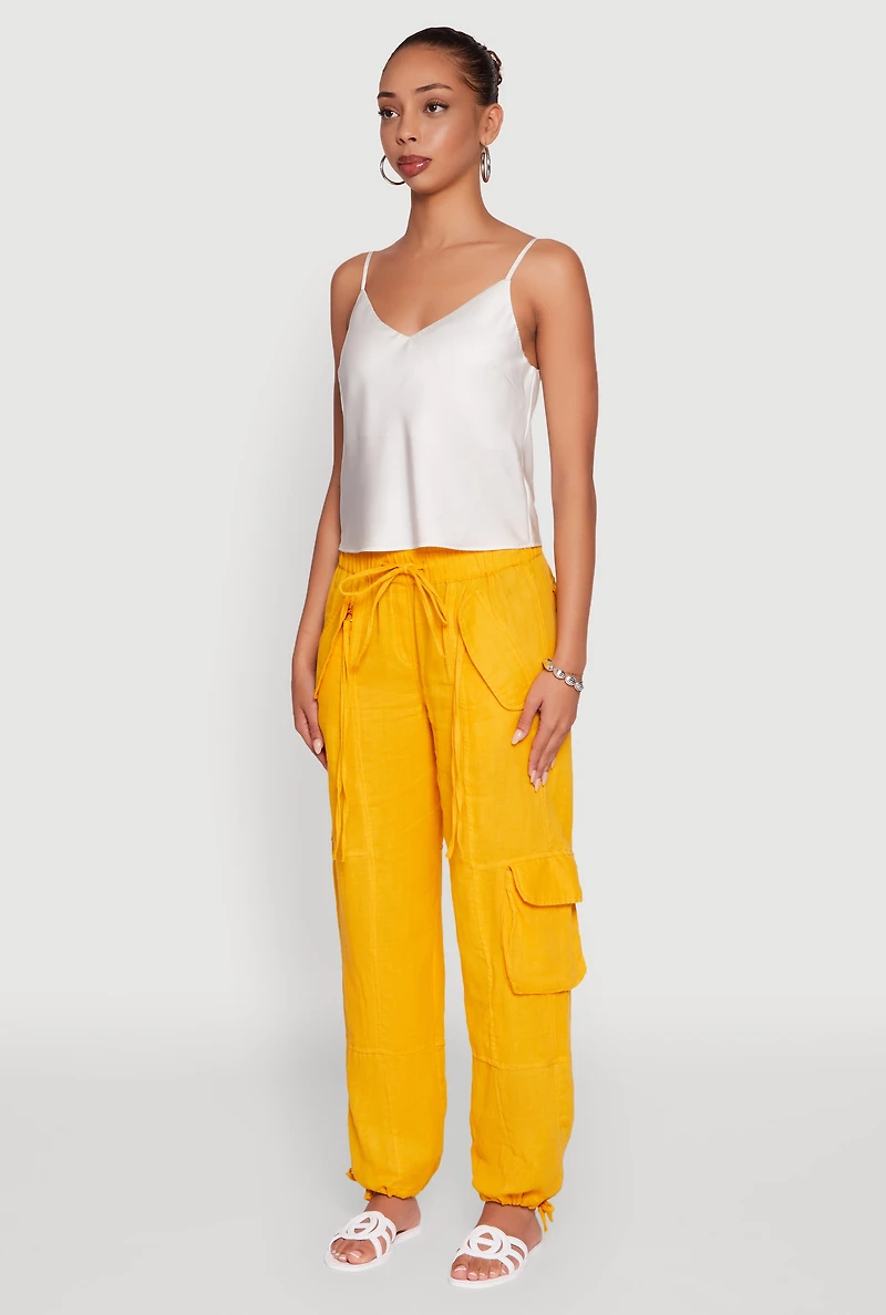 Womens Zip Pocket Drawstring Waist Utility Joggers, Yellow, Size L