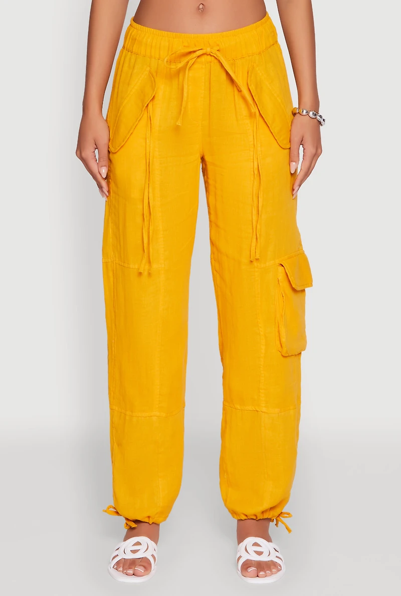 Womens Zip Pocket Drawstring Waist Utility Joggers, Yellow, Size S