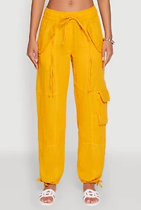 Womens Zip Pocket Drawstring Waist Utility Joggers, Yellow, Size S