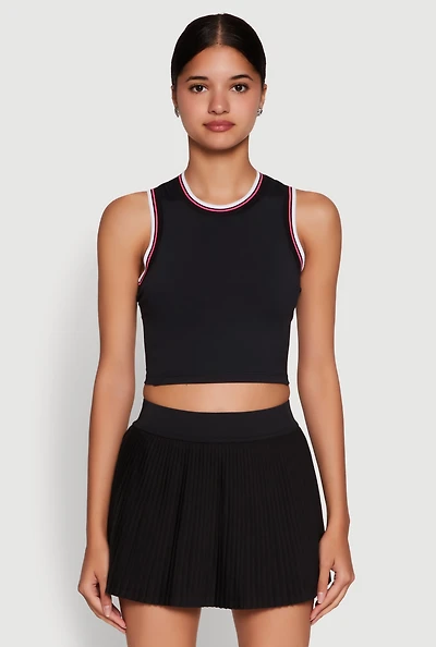 Womens Trendy Sleeveless Cropped Crew Neck Top with Contrast Trim,
