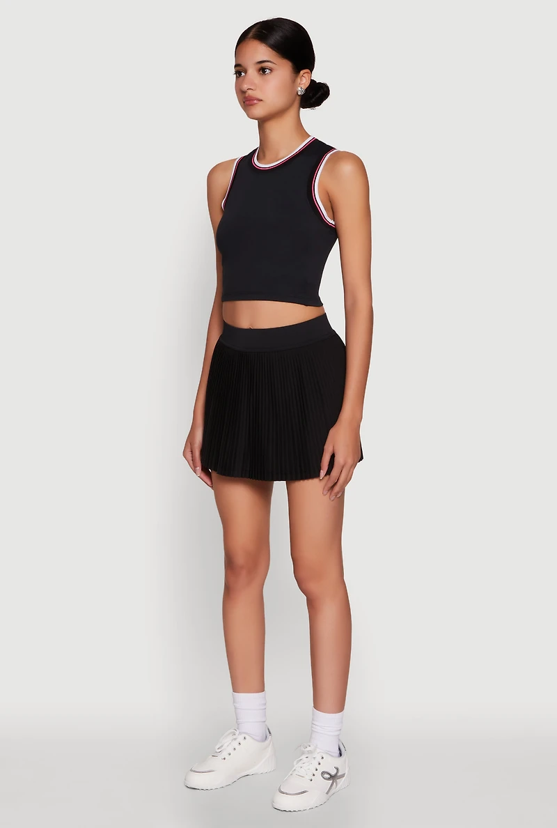 Womens Trendy Sleeveless Cropped Crew Neck Top with Contrast Trim, Black,