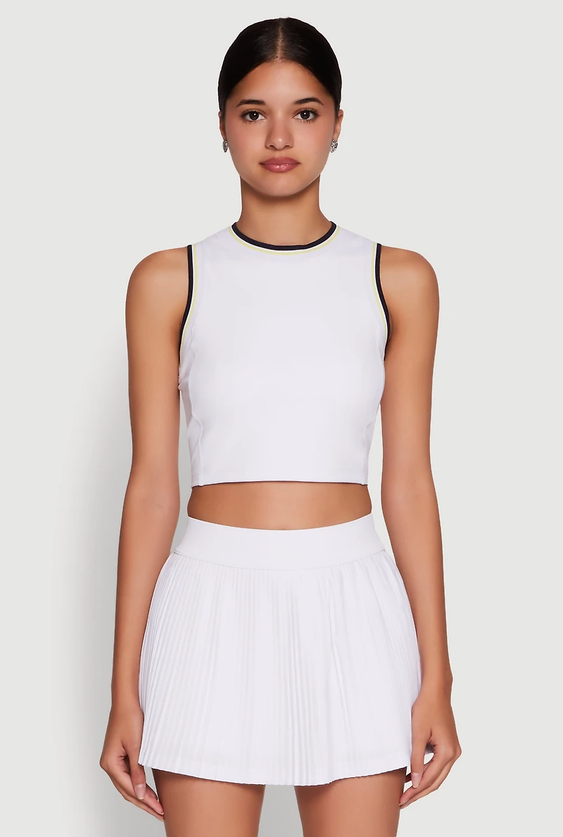Womens Trendy Sleeveless Cropped Crew Neck Top with Contrast Trim, White, Size M