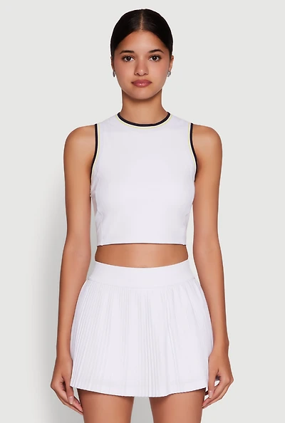 Womens Trendy Sleeveless Cropped Crew Neck Top with Contrast Trim, White, Size M