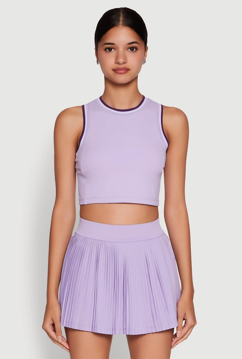 Womens Trendy Sleeveless Cropped Crew Neck Top with Contrast Trim, Purple, Size M