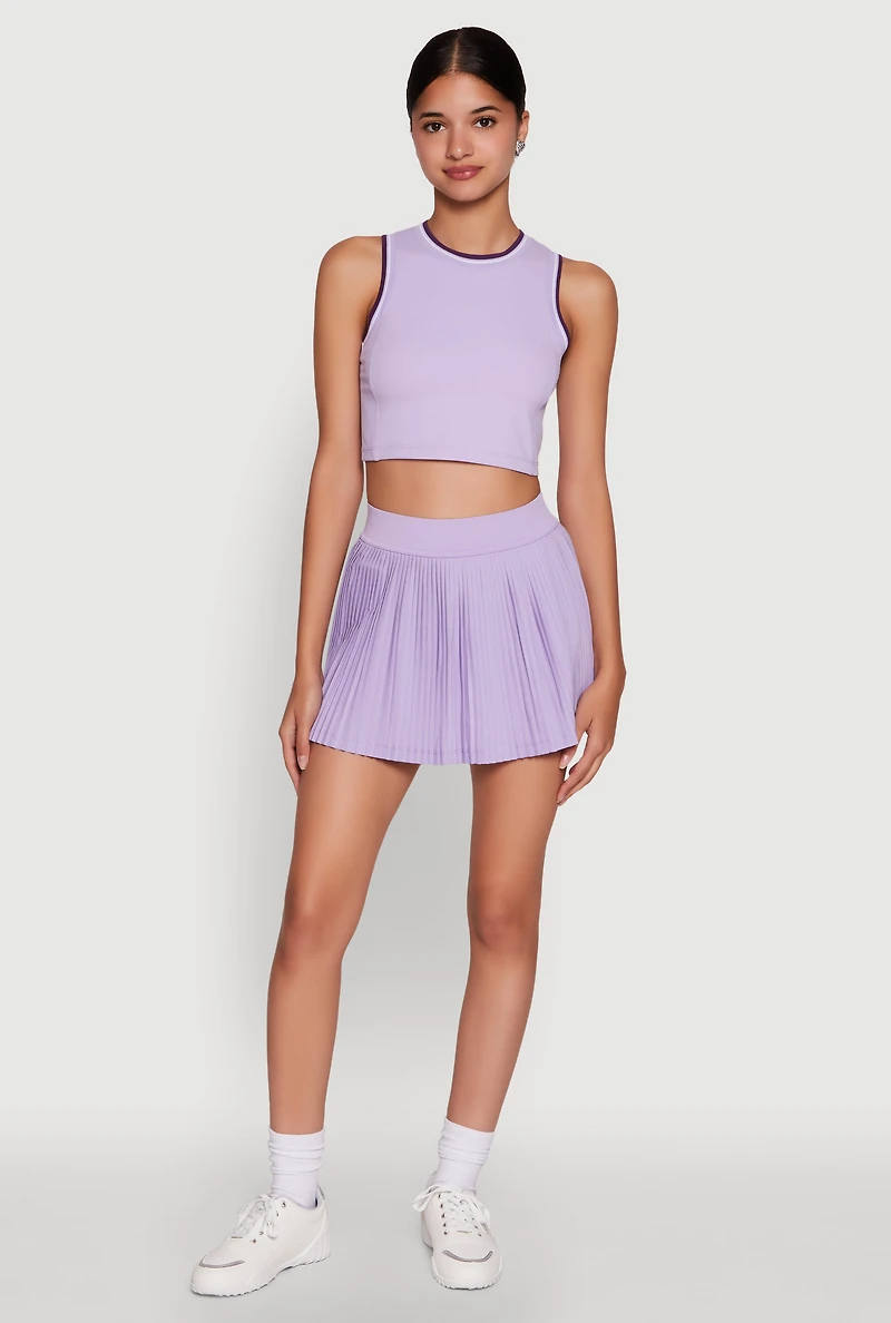 Womens Trendy Sleeveless Cropped Crew Neck Top with Contrast Trim, Purple, Size M