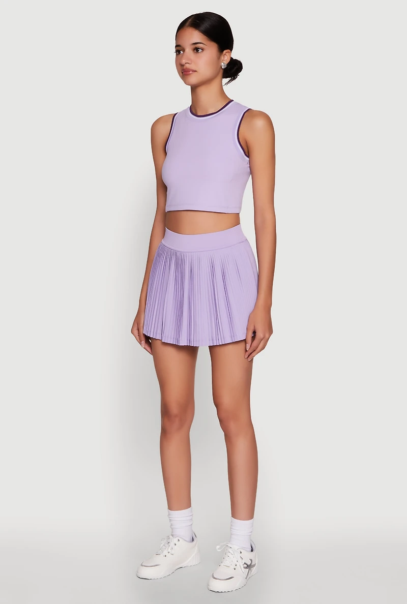 Womens Trendy Sleeveless Cropped Crew Neck Top with Contrast Trim, Purple, Size M