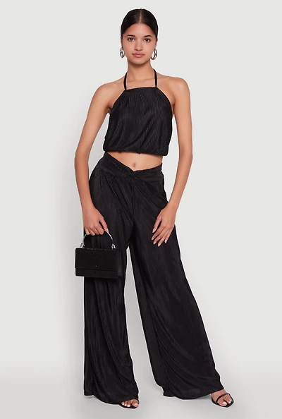 Womens Stylish Plisse High Waisted Palazzo Pants with Twist Front Waist,