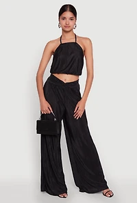 Womens Stylish Plisse High Waisted Palazzo Pants with Twist Front Waist, M