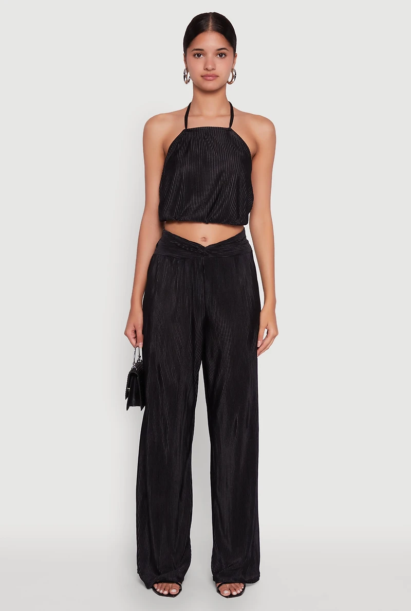 Womens Stylish Plisse High Waisted Palazzo Pants with Twist Front Waist, M