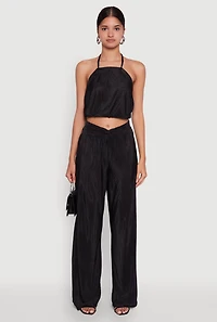 Womens Stylish Plisse High Waisted Palazzo Pants with Twist Front Waist, M