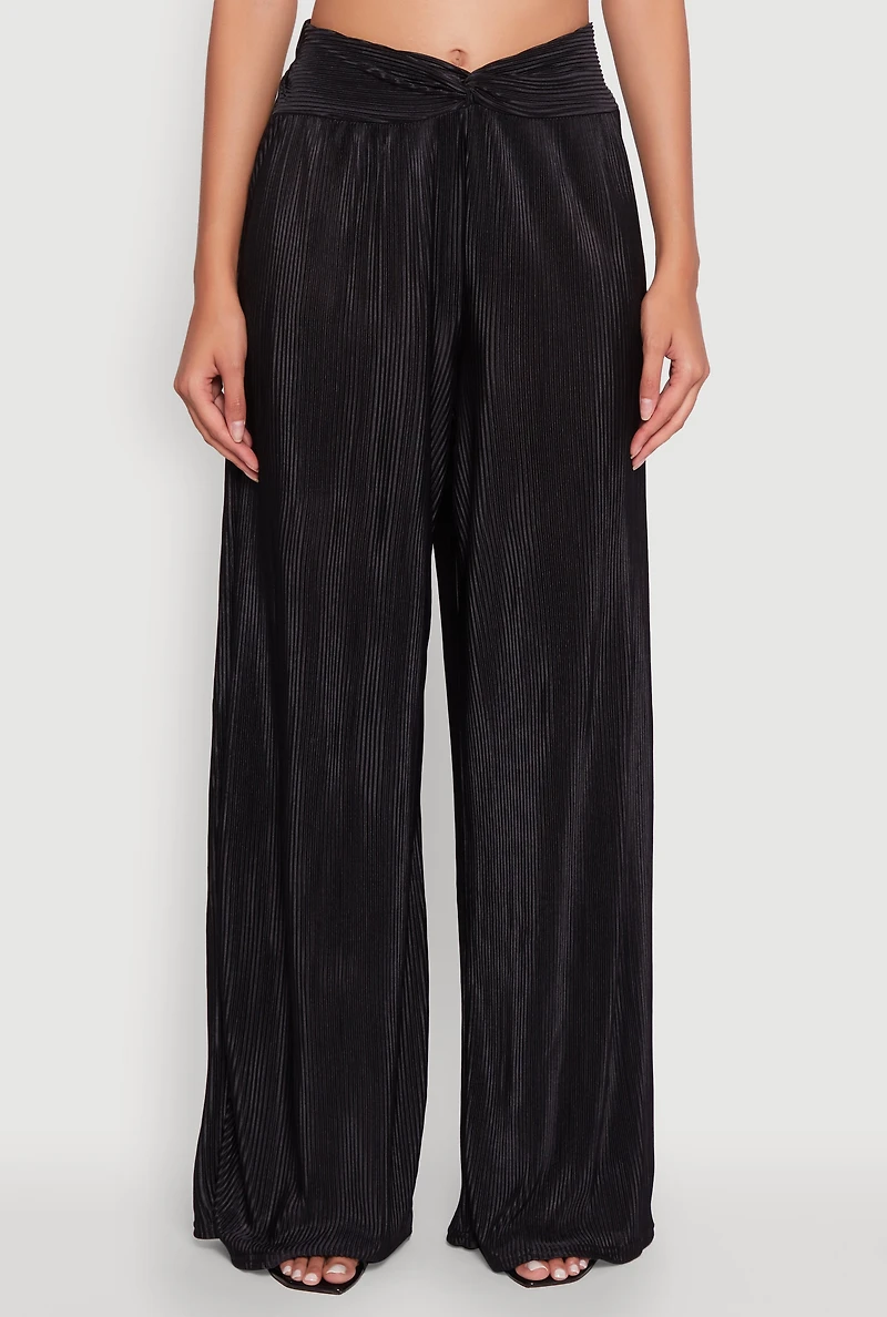 Womens Stylish Plisse High Waisted Palazzo Pants with Twist Front Waist, M